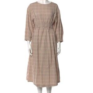 NEW Oak+Fort Bateau Neckline Midi Length Dress Beige Neutral Taupe Plaid S Small